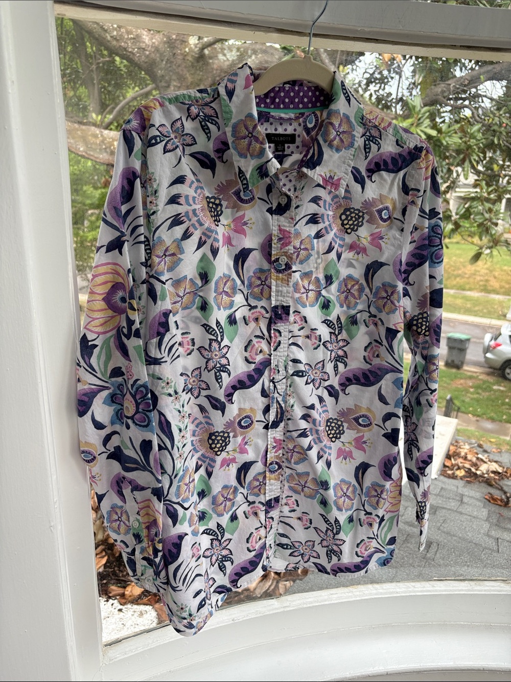 Talbots White Floral Button-Down Shirt with Purple, Blue & Green Accents